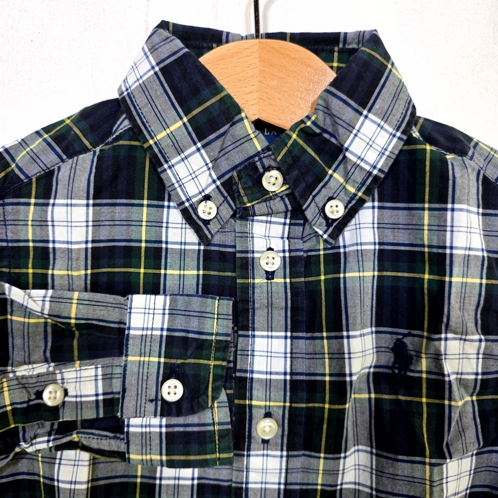 Ralph Lauren Plaid Button Down Shirt 2/2T Green Blue White Long Sleeve Polo Pony